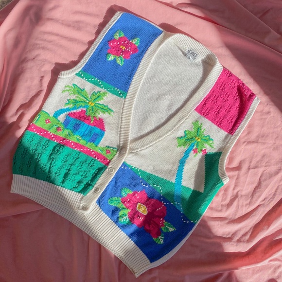 VTG 90s Colorful Crochet Tropical Motif Chunky Cotton Knit Sweater Vest - Large - Picture 1 of 10